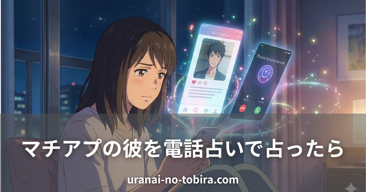 マッチングアプリの彼について電話占いで相談する女性のイラスト