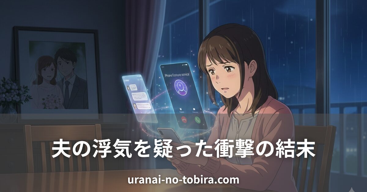 夫の浮気を疑い電話占いに相談する女性のイラスト。スマホの画面に通話アプリが浮かび上がる夜のシーン。